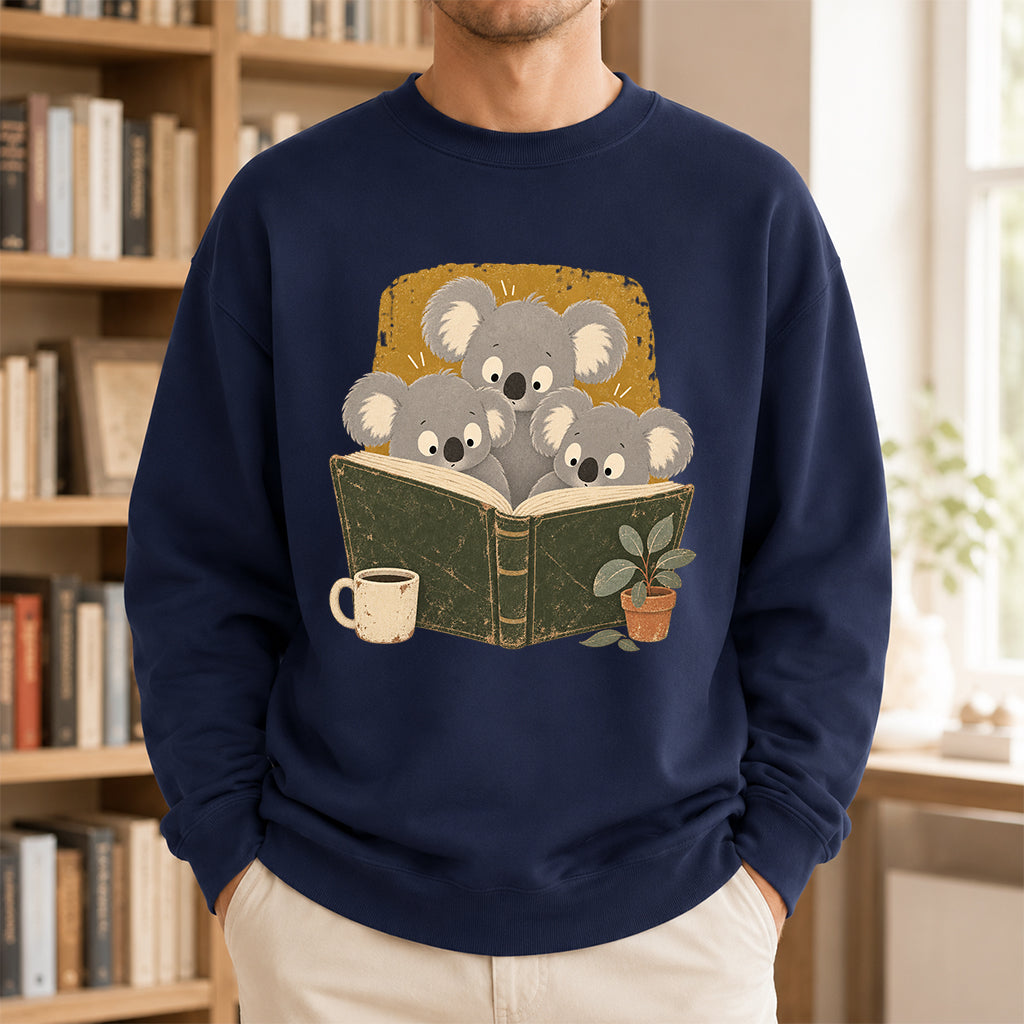 Minimal Japanese Koalas Reading Crewneck Sweatshirt | Reader Gift Navy