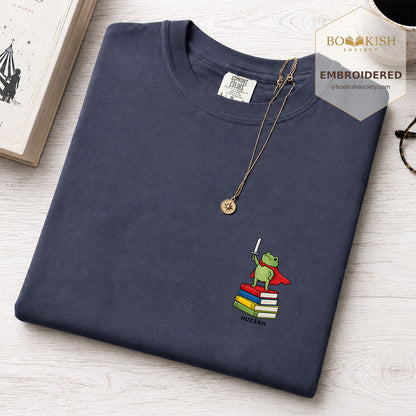 Embroidered Huzzah Cute Frog Comfort Color ® T-shirt Book Lover Gift Navy