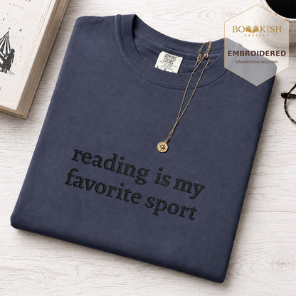 Embroidered Reading Is My Favorite Sport Comfort Color® T-shirt Book Lover Gift Navy