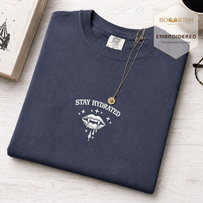 Embroidered Stay Hydrated Comfort Color ® T-shirt Book Lover Gift Navy