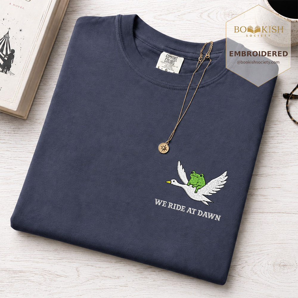 Embroidered We Ride at Dawn Comfort Color ® T-shirt Book Lover Gift Navy