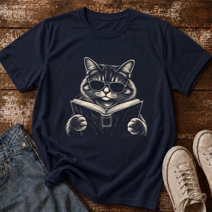 Cat Reading Book Softstyle T-Shirt | Book Lover Gift Navy