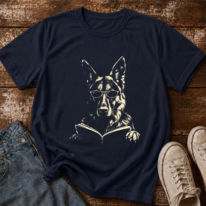 German Shepherd Reading Book Softstyle T-Shirt | Book Lover Gift Navy