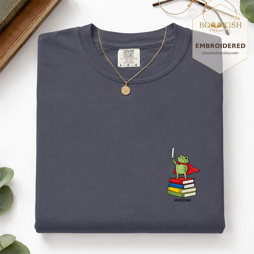 Embroidered Huzzah Cute Frog Comfort Color ® T-shirt Book Lover Gift Navy