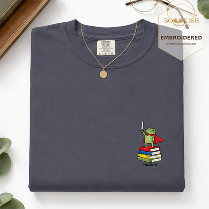 Embroidered Huzzah Cute Frog Comfort Color ® T-shirt Book Lover Gift Navy