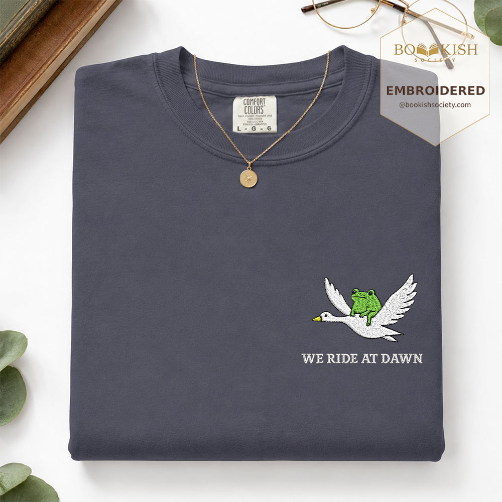 Embroidered We Ride at Dawn Comfort Color ® T-shirt Book Lover Gift Navy
