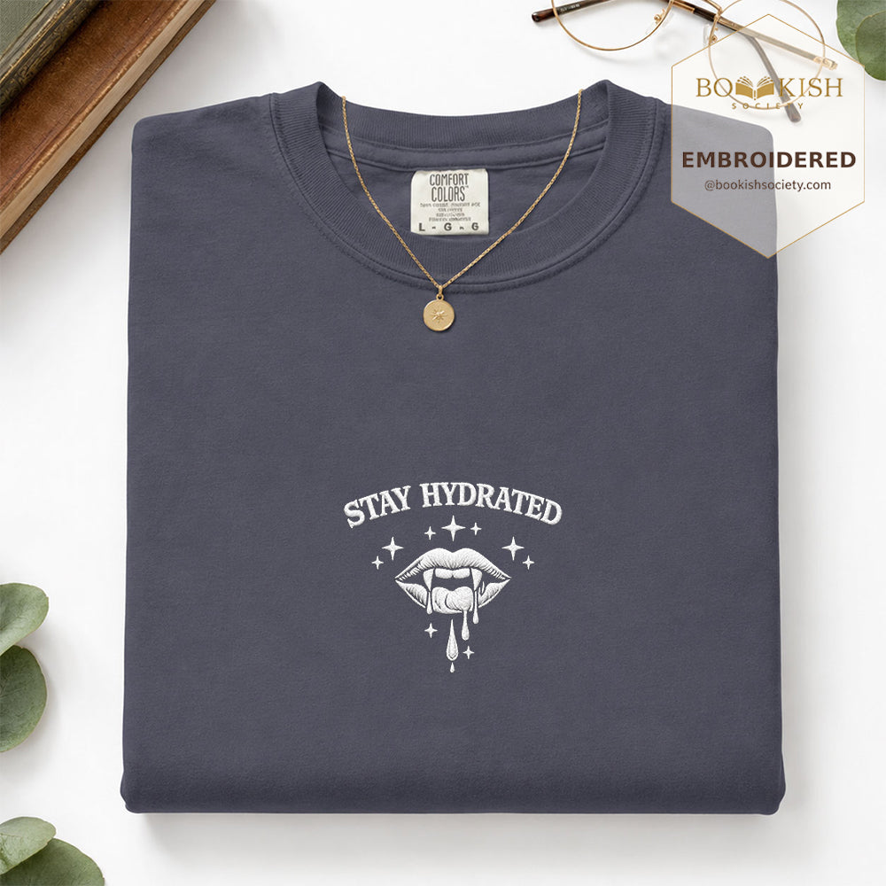 Embroidered Stay Hydrated Comfort Color ® T-shirt Book Lover Gift Navy