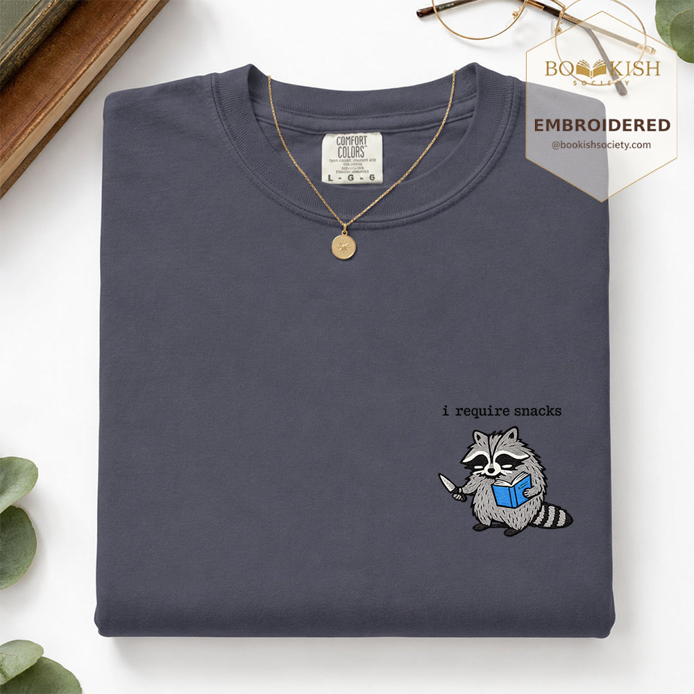 Embroidered I Require Snacks Comfort Color ® T-shirt Book Lover Gift Denim