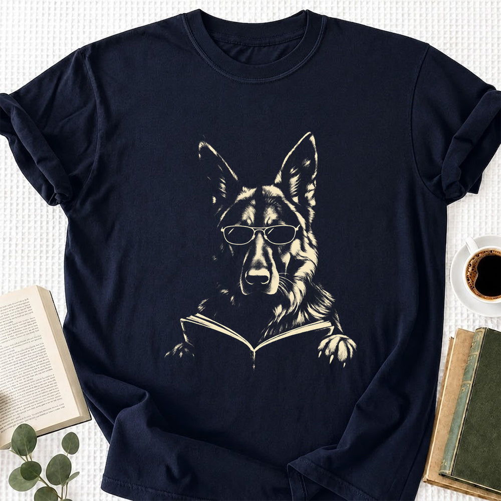 German Shepherd Reading Book Softstyle T-Shirt | Book Lover Gift Navy