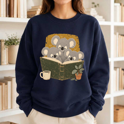 Minimal Japanese Koalas Reading Crewneck Sweatshirt | Reader Gift Navy