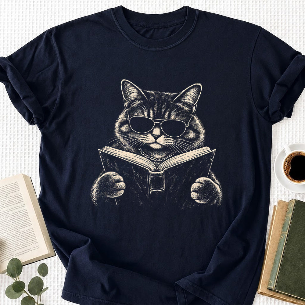 Cat Reading Book Softstyle T-Shirt | Book Lover Gift Navy
