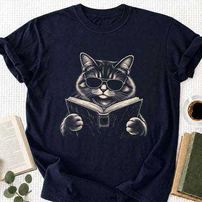 Cat Reading Book Softstyle T-Shirt | Book Lover Gift Navy