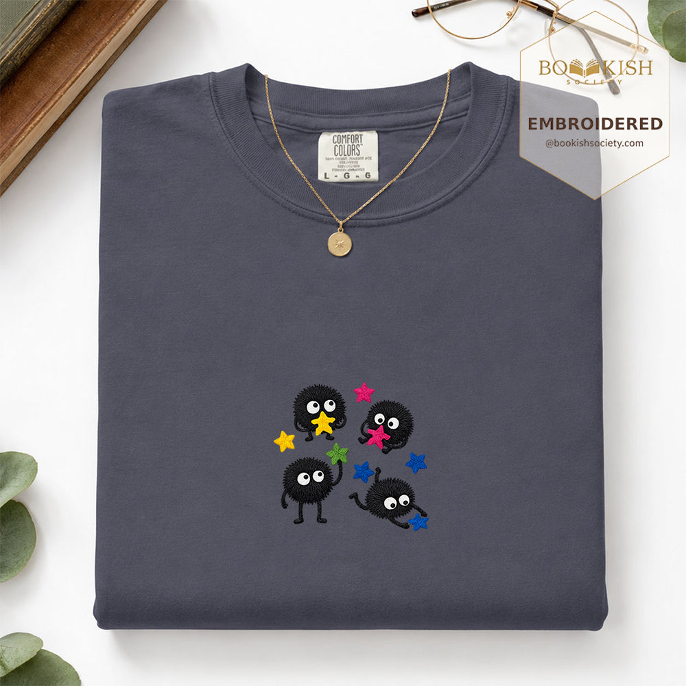 Embroidered Sprite Catching Star Candy Comfort Color ® T-shirt Book Lover Gift navy