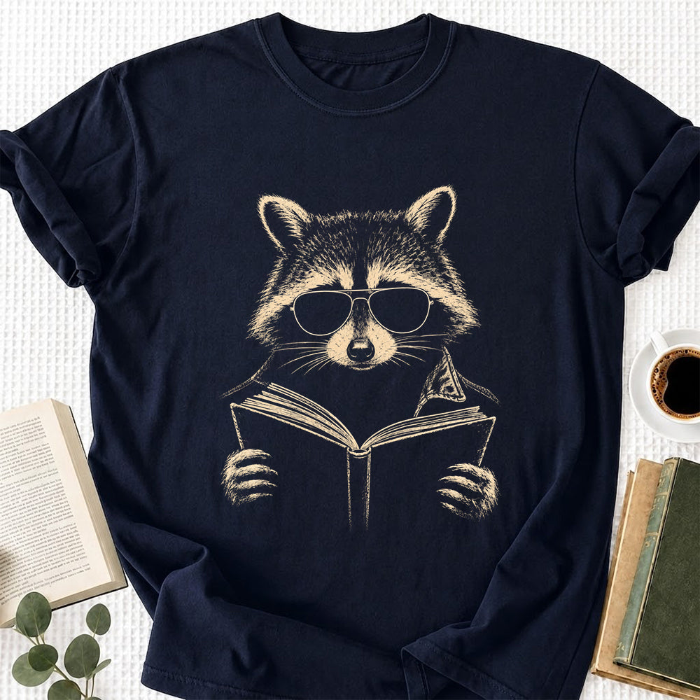 Raccoon Reading Book Softstyle T-Shirt | Book Lover Gift Navy