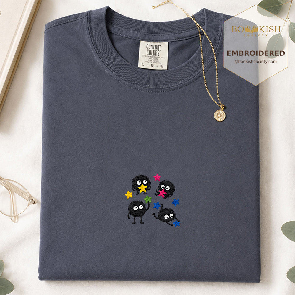 Embroidered Sprite Catching Star Candy Comfort Color ® T-shirt Book Lover Gift navy