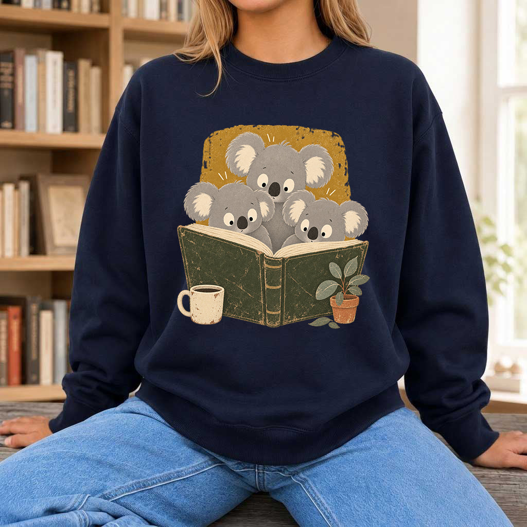 Minimal Japanese Koalas Reading Crewneck Sweatshirt | Reader Gift Navy