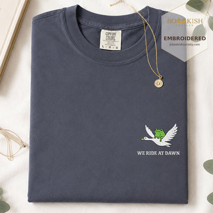 Embroidered We Ride at Dawn Comfort Color ® T-shirt Book Lover Gift Navy