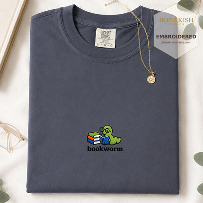 Embroidered Bookworm Comfort Color ® T-shirt Book Lover Gift Navy