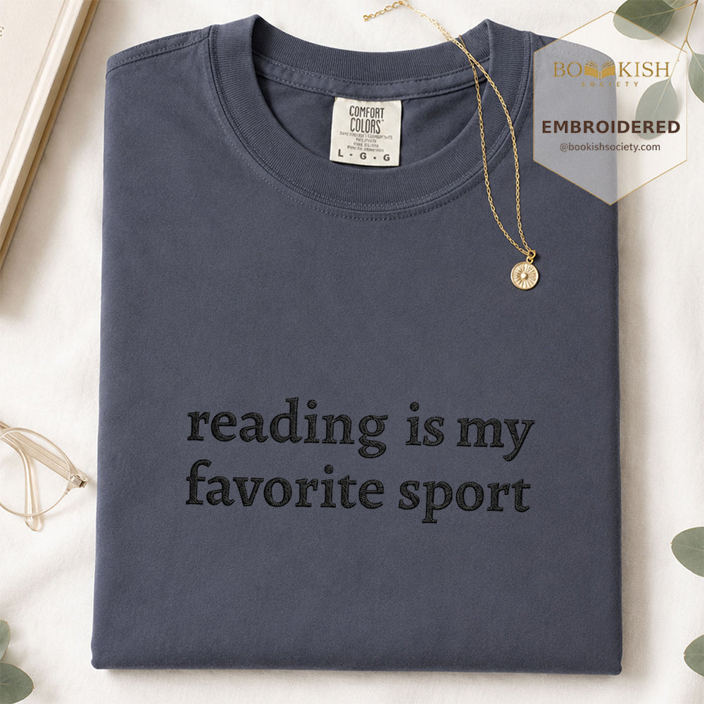 Embroidered Reading Is My Favorite Sport Comfort Color® T-shirt Book Lover Gift Navy