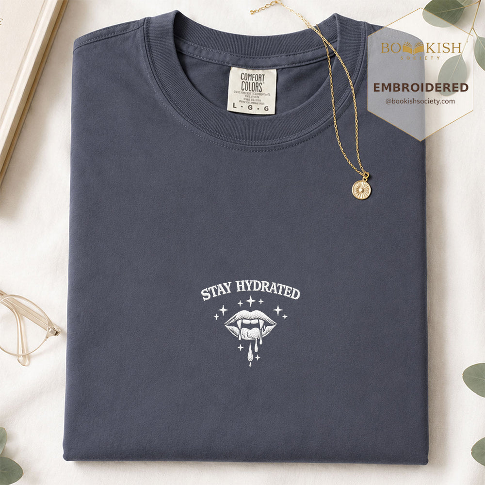 Embroidered Stay Hydrated Comfort Color ® T-shirt Book Lover Gift Navy