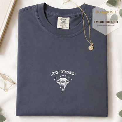 Embroidered Stay Hydrated Comfort Color ® T-shirt Book Lover Gift Navy