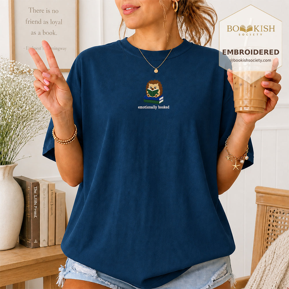 Emotionally Booked Embroidered Comfort Colors® T-shirt | Book Lover Gift Navy