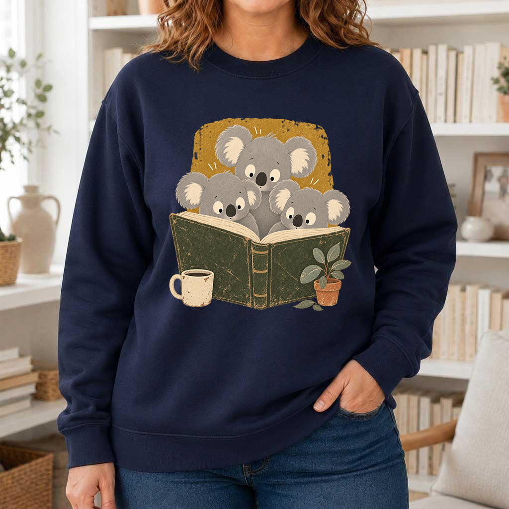 Minimal Japanese Koalas Reading Crewneck Sweatshirt | Reader Gift Navy