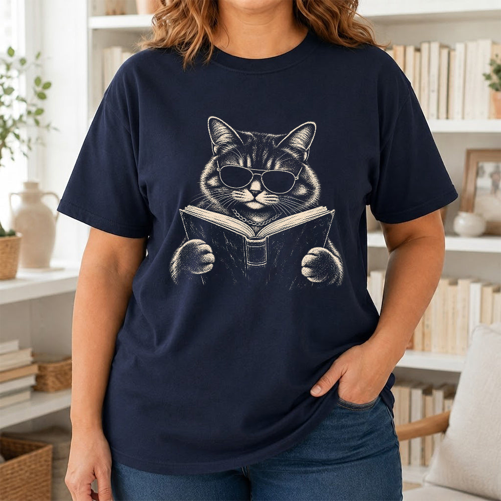 Cat Reading Book Softstyle T-Shirt | Book Lover Gift Navy