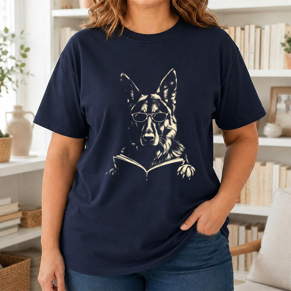German Shepherd Reading Book Softstyle T-Shirt | Book Lover Gift Navy