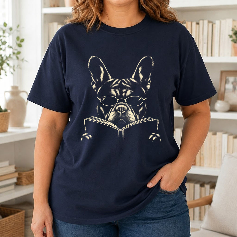 French Bulldog Reading Book Softstyle T-Shirt | Book Lover Gift Navy