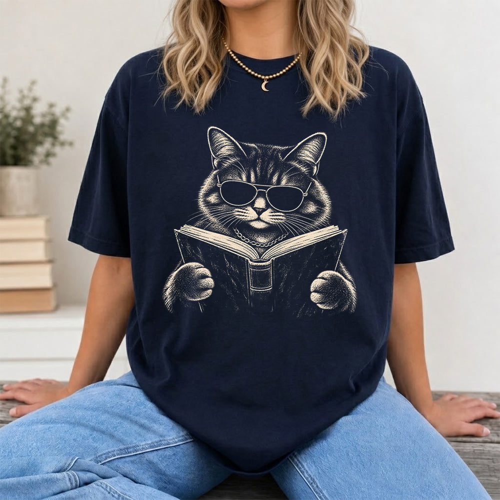 Cat Reading Book Softstyle T-Shirt | Book Lover Gift Navy