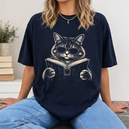 Cat Reading Book Softstyle T-Shirt | Book Lover Gift Navy