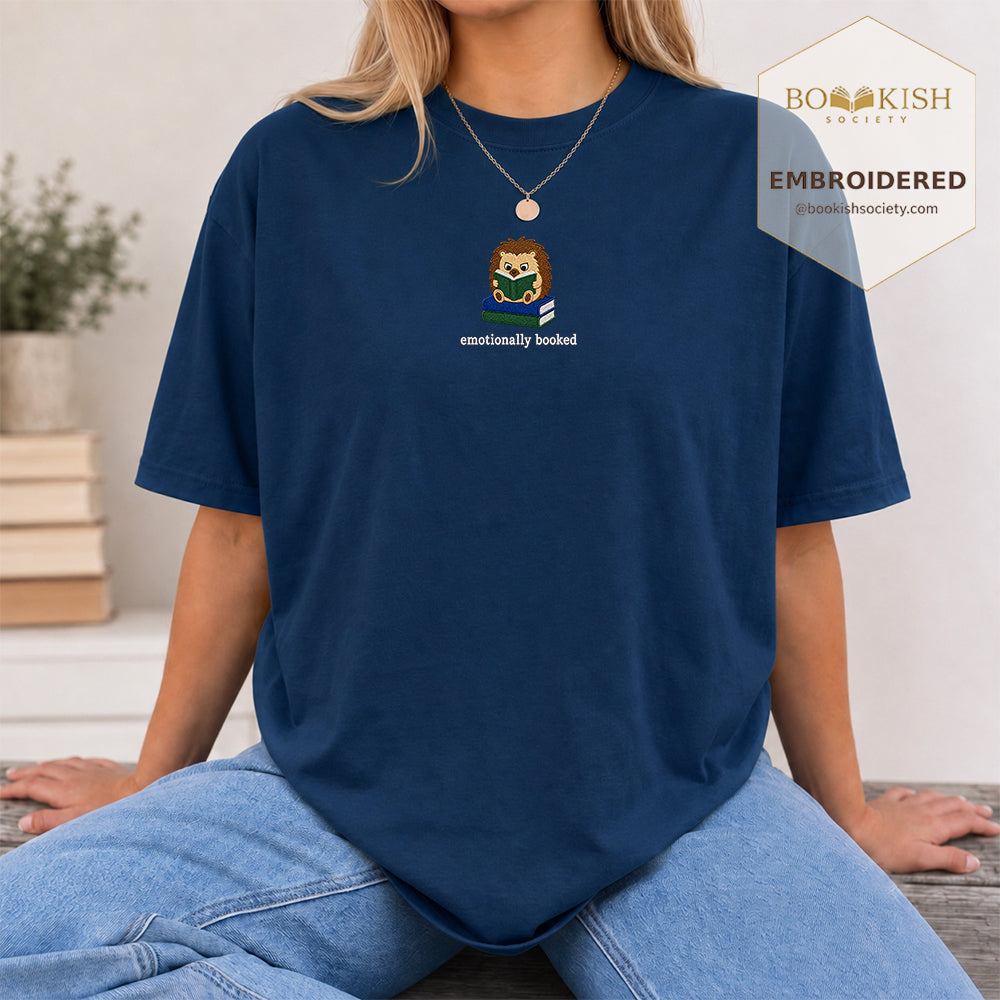 Emotionally Booked Embroidered Comfort Colors® T-shirt | Book Lover Gift Navy