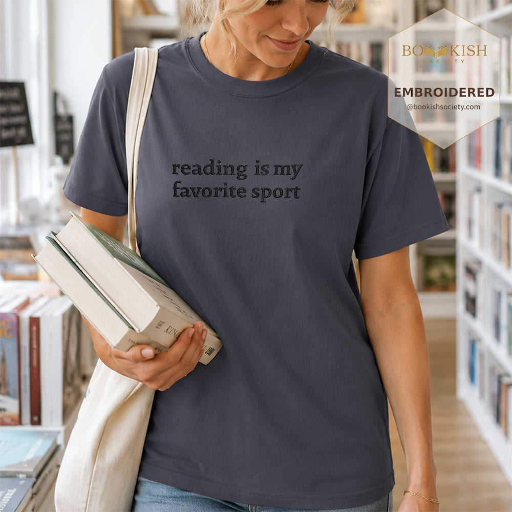 Embroidered Reading Is My Favorite Sport Comfort Color® T-shirt Book Lover Gift Navy