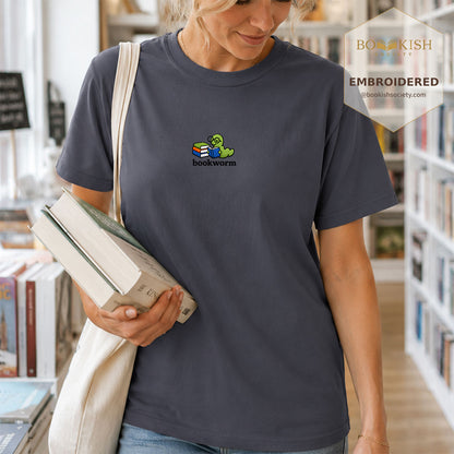 Embroidered Bookworm Comfort Color ® T-shirt Book Lover Gift Navy