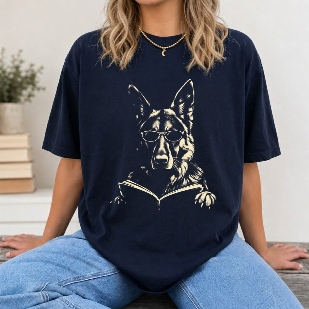 German Shepherd Reading Book Softstyle T-Shirt | Book Lover Gift Navy