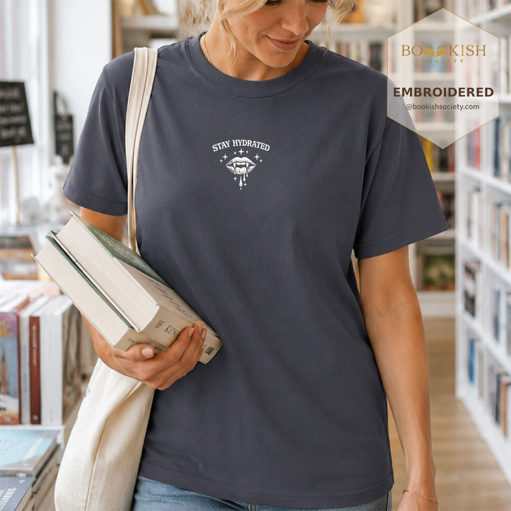 Embroidered Stay Hydrated Comfort Color ® T-shirt Book Lover Gift Navy