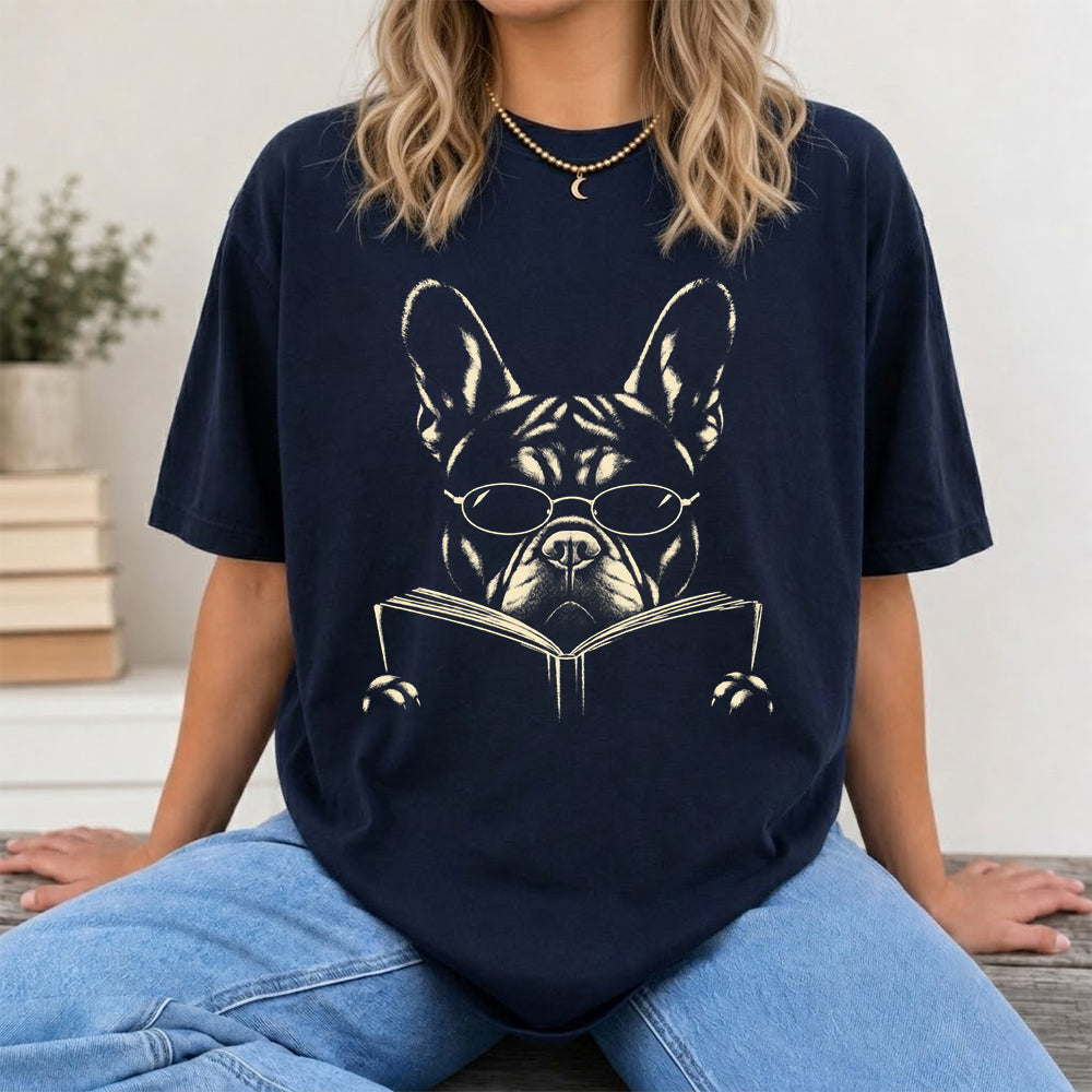 French Bulldog Reading Book Softstyle T-Shirt | Book Lover Gift Navy