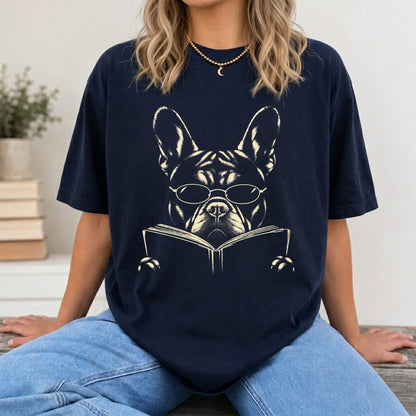 French Bulldog Reading Book Softstyle T-Shirt | Book Lover Gift Navy