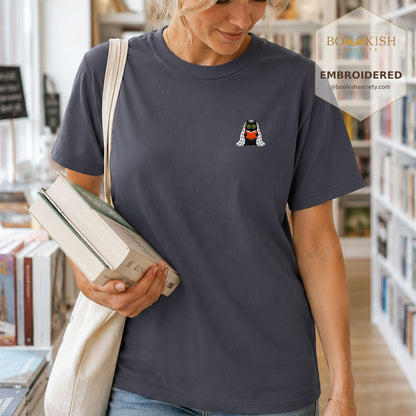 Embroidered Cat Reading Comfort Color ® T-shirt Book Lover Gift Navy