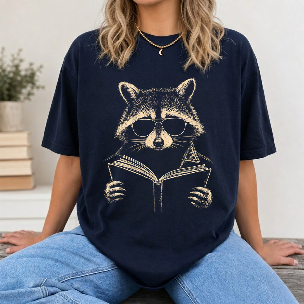 Raccoon Reading Book Softstyle T-Shirt | Book Lover Gift Navy