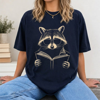 Raccoon Reading Book Softstyle T-Shirt | Book Lover Gift Navy