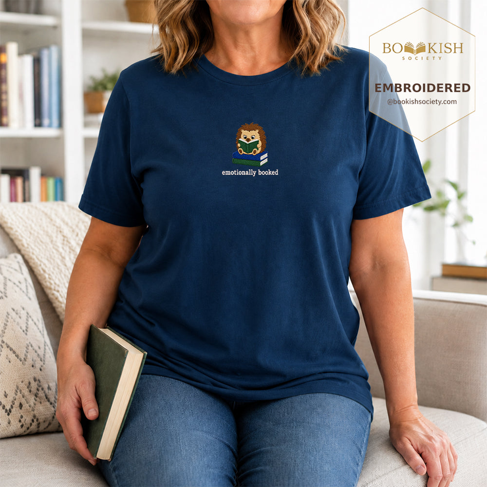 Emotionally Booked Embroidered Comfort Colors® T-shirt | Book Lover Gift Navy