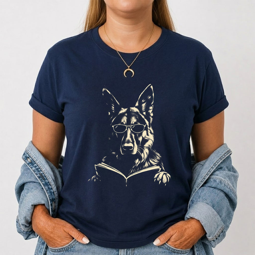 German Shepherd Reading Book Softstyle T-Shirt | Book Lover Gift Navy