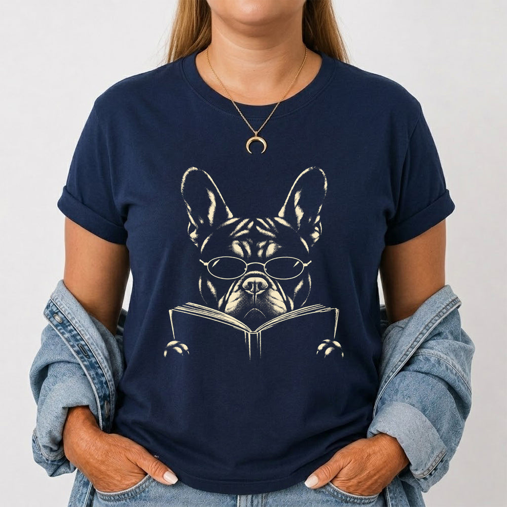 French Bulldog Reading Book Softstyle T-Shirt | Book Lover Gift Navy