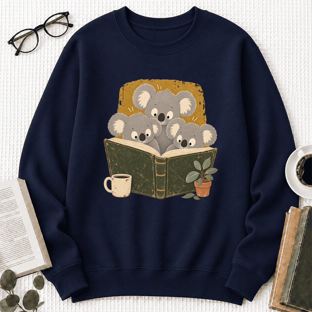 Minimal Japanese Koalas Reading Crewneck Sweatshirt | Reader Gift Navy