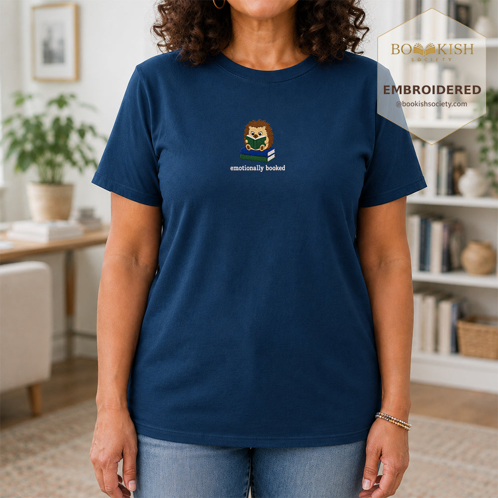 Emotionally Booked Embroidered Comfort Colors® T-shirt | Book Lover Gift Navy