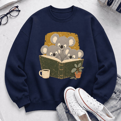 Minimal Japanese Koalas Reading Crewneck Sweatshirt | Reader Gift Navy