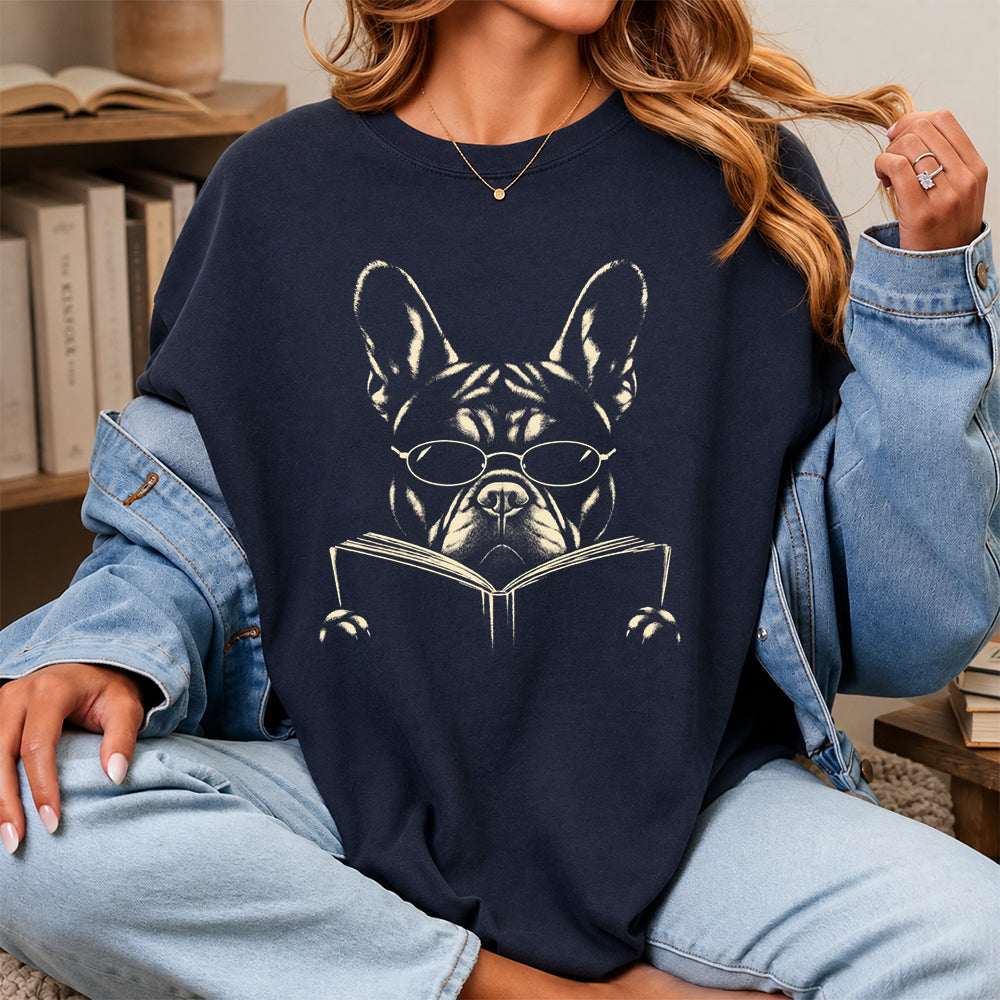 French Bulldog Reading Book Softstyle T-Shirt | Book Lover Gift Navy