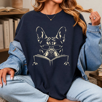French Bulldog Reading Book Softstyle T-Shirt | Book Lover Gift Navy